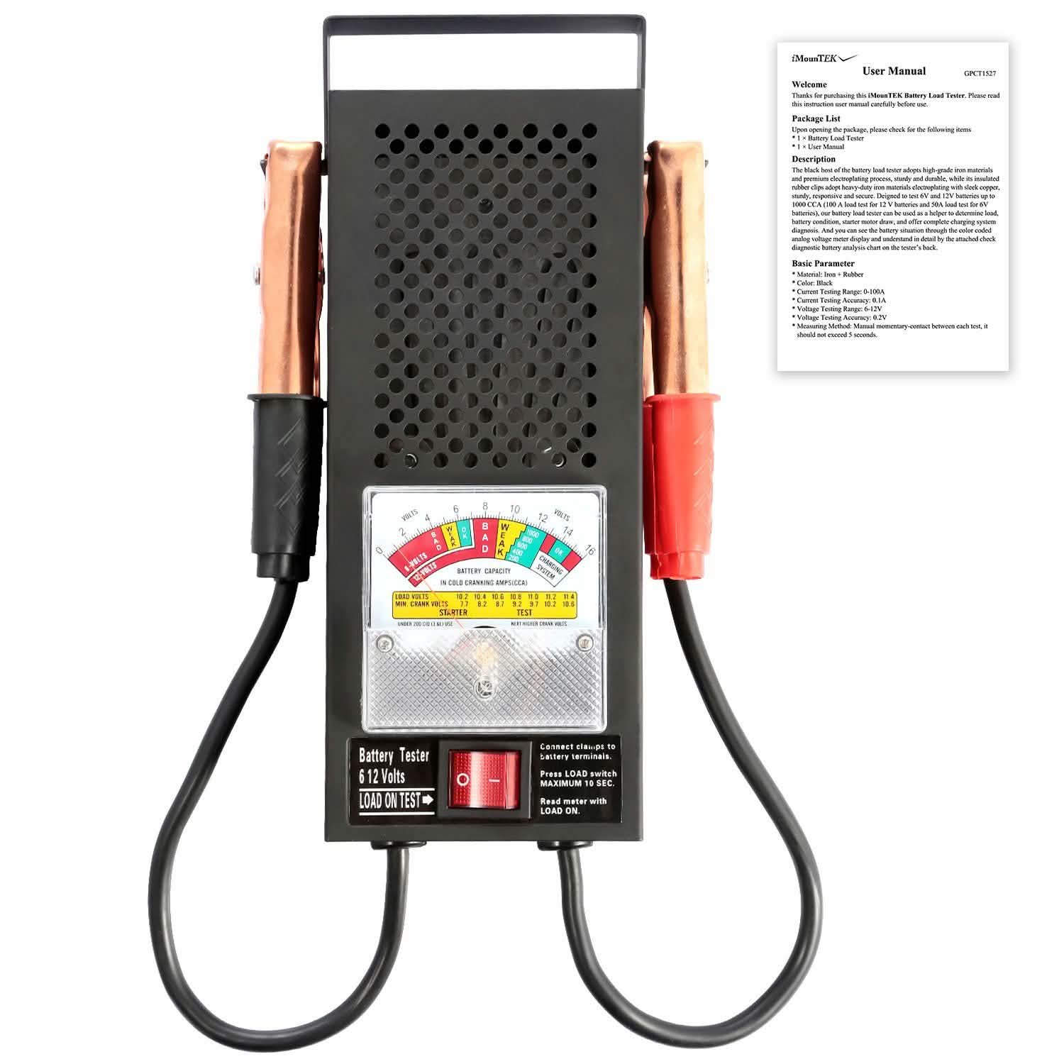 Testeur de batterie automobile 6-12 V avec pinces crocodiles isolées renforcées en cuivre