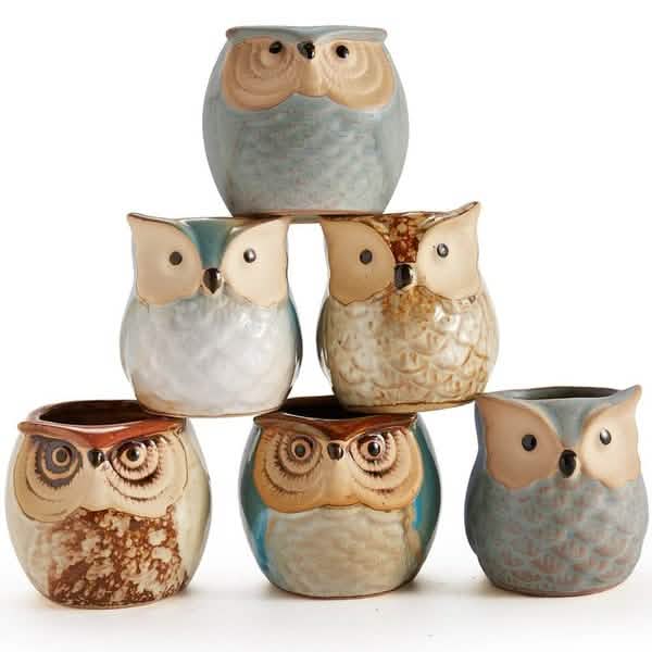 Lot de 6 : base en céramique pour pot en forme de chouette de 6,3 cm