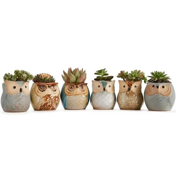 Lot de 6 : base en céramique pour pot en forme de chouette de 6,3 cm