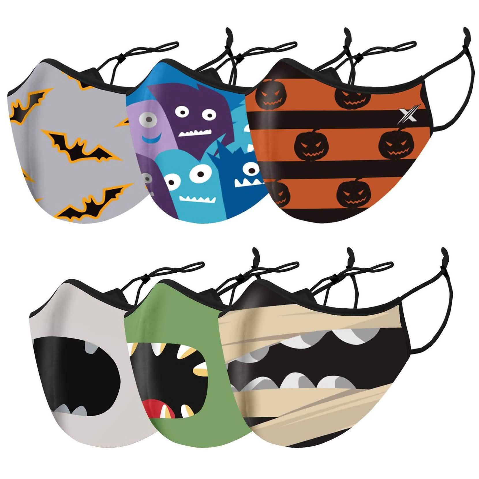 Lot de 6 : Masques pour enfants d'Halloween réutilisables à deux couches avec boucles d'oreille réglables