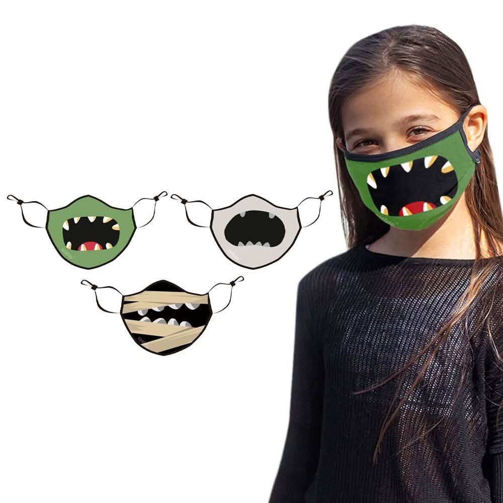 Lot de 6 : Masques pour enfants d'Halloween réutilisables à deux couches avec boucles d'oreille réglables