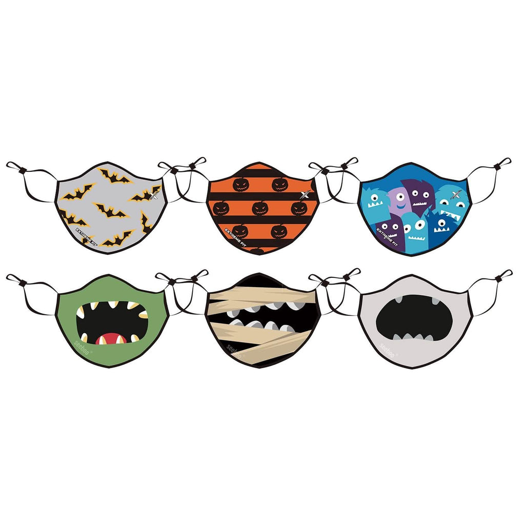Lot de 6 : Masques pour enfants d'Halloween réutilisables à deux couches avec boucles d'oreille réglables