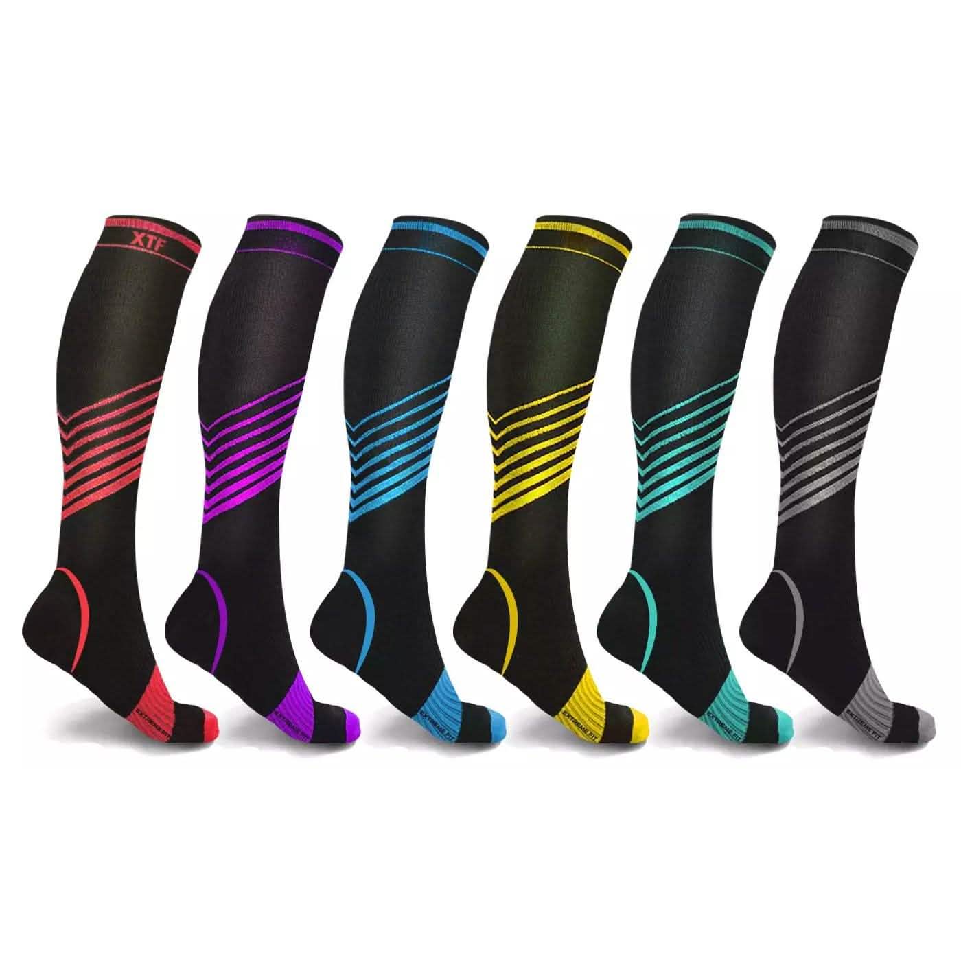 Lot de 6 paires : chaussettes de contention hautes, rayures en V