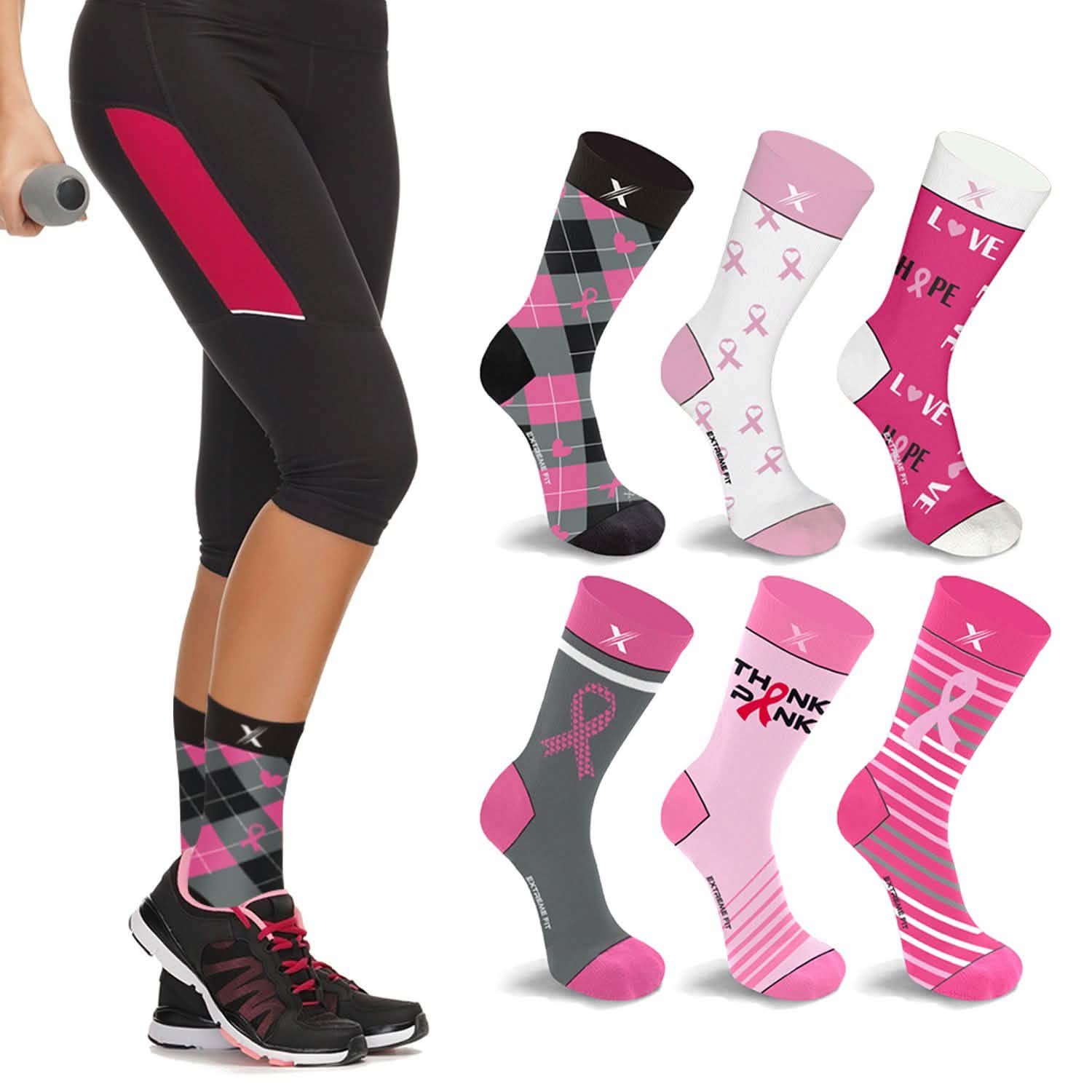 Lot de 6 paires : Chaussettes de contention classiques mi-mollet pour la sensibilisation au cancer du sein