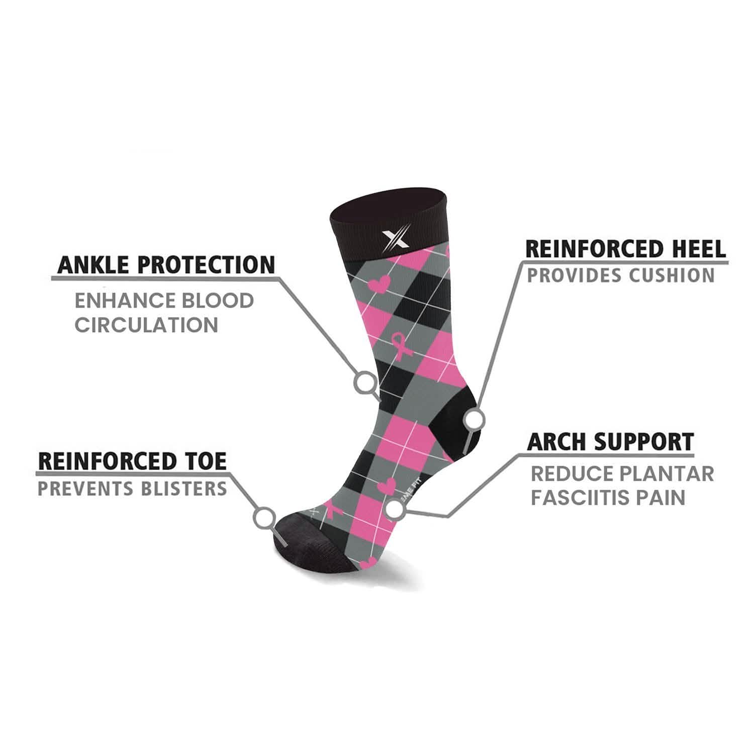 Lot de 6 paires : Chaussettes de contention classiques mi-mollet pour la sensibilisation au cancer du sein