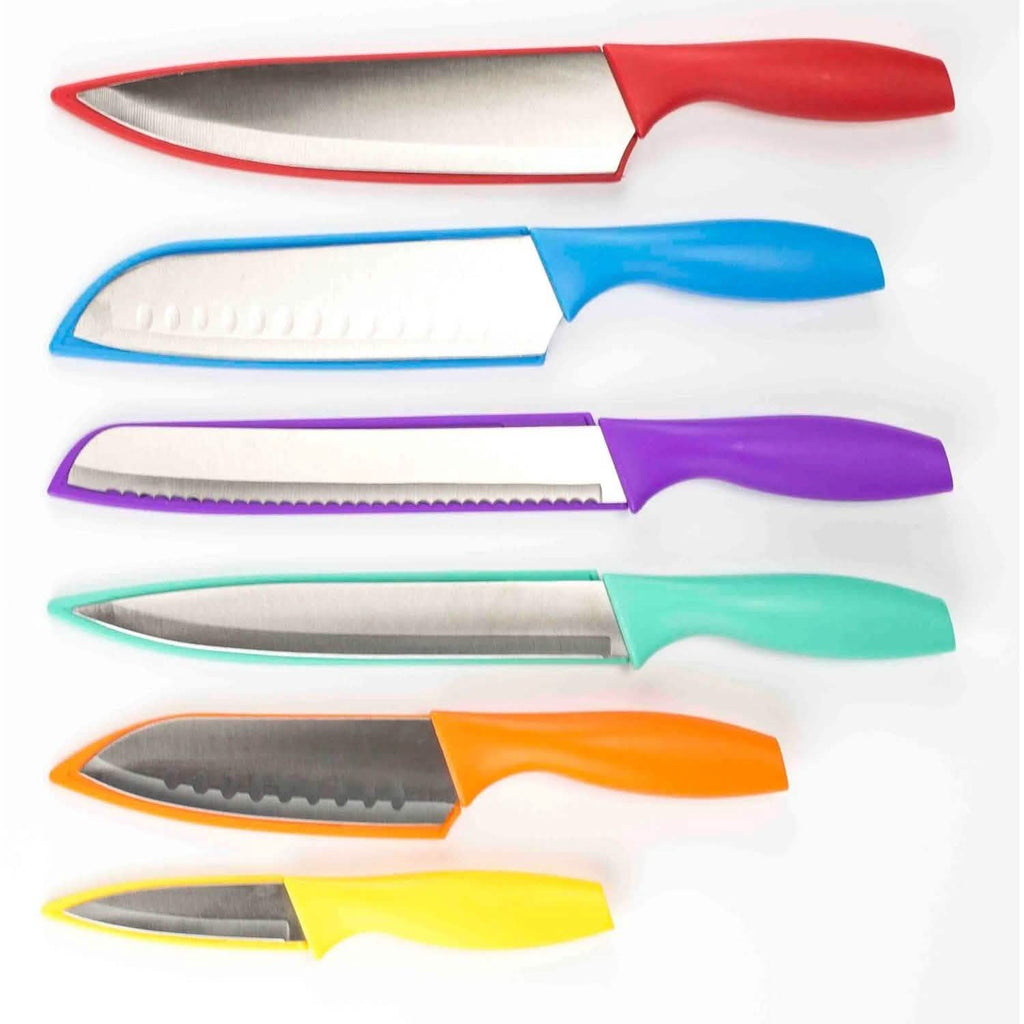 Ensemble de 6 pièces : Couteau en acier inoxydable Sazon et étuis de protection colorés