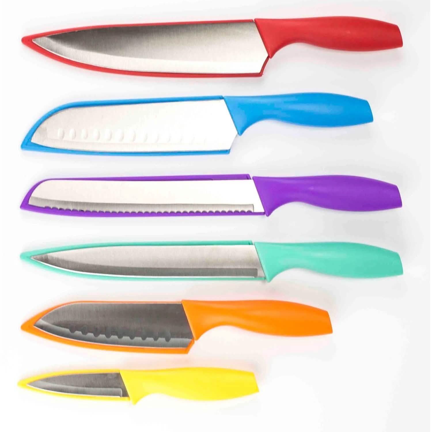 Ensemble de 6 pièces : Couteau en acier inoxydable Sazon et étuis de protection colorés