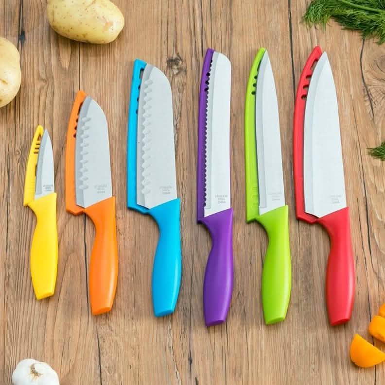 Ensemble de 6 pièces : Couteau en acier inoxydable Sazon et étuis de protection colorés