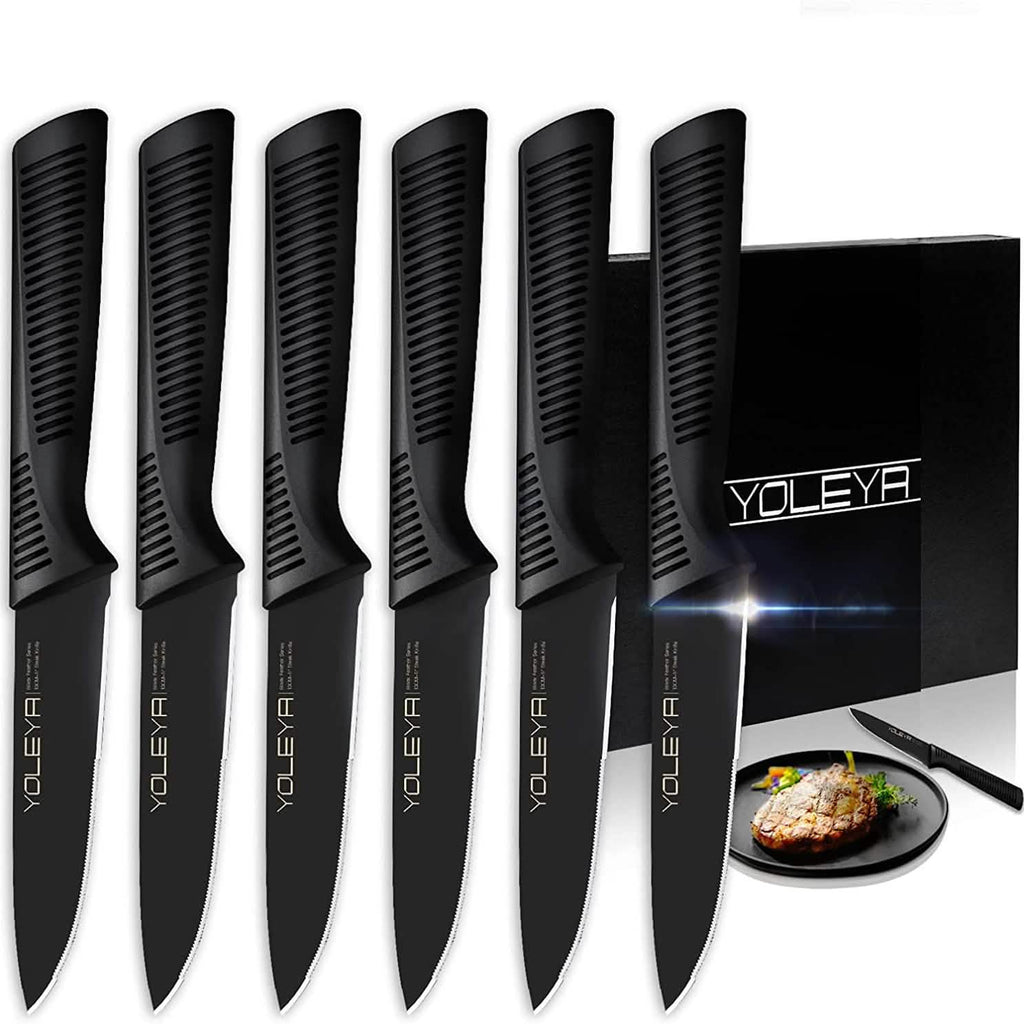 Ensemble de 6 pièces : Set de couteaux à steak dentelés noirs en acier inoxydable allemand à haute teneur en carbone YOLEYA