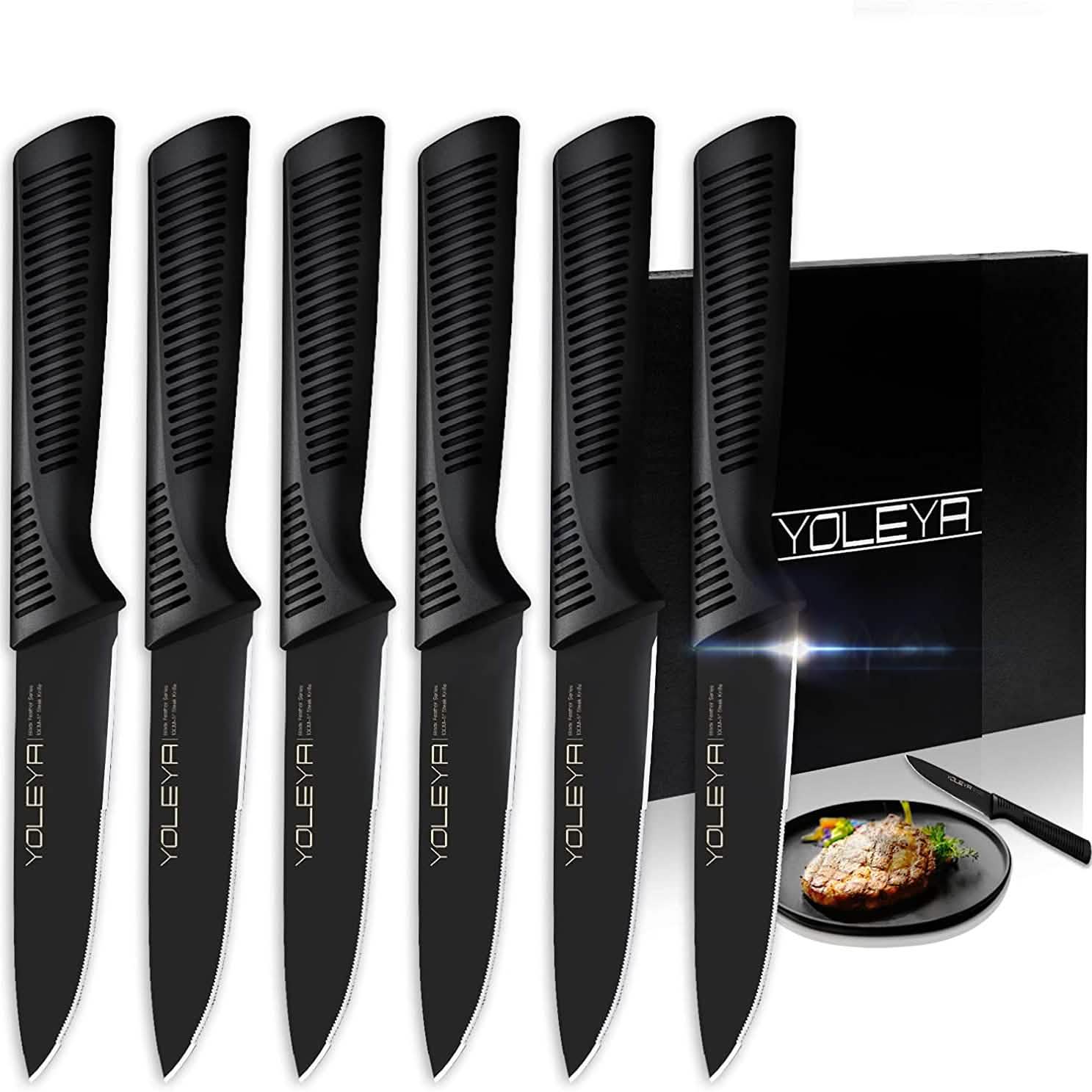 Ensemble de 6 pièces : Set de couteaux à steak dentelés noirs en acier inoxydable allemand à haute teneur en carbone YOLEYA