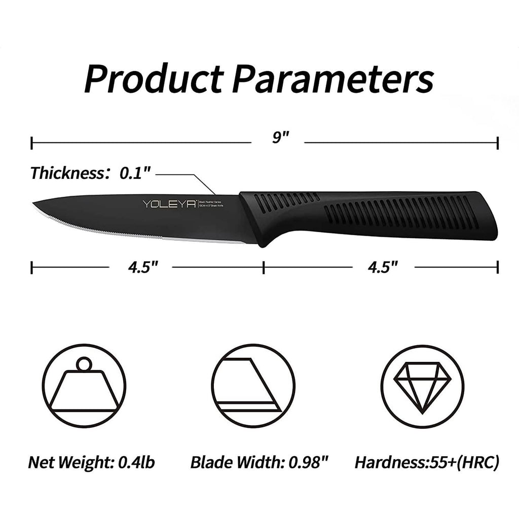 Ensemble de 6 pièces : Set de couteaux à steak dentelés noirs en acier inoxydable allemand à haute teneur en carbone YOLEYA