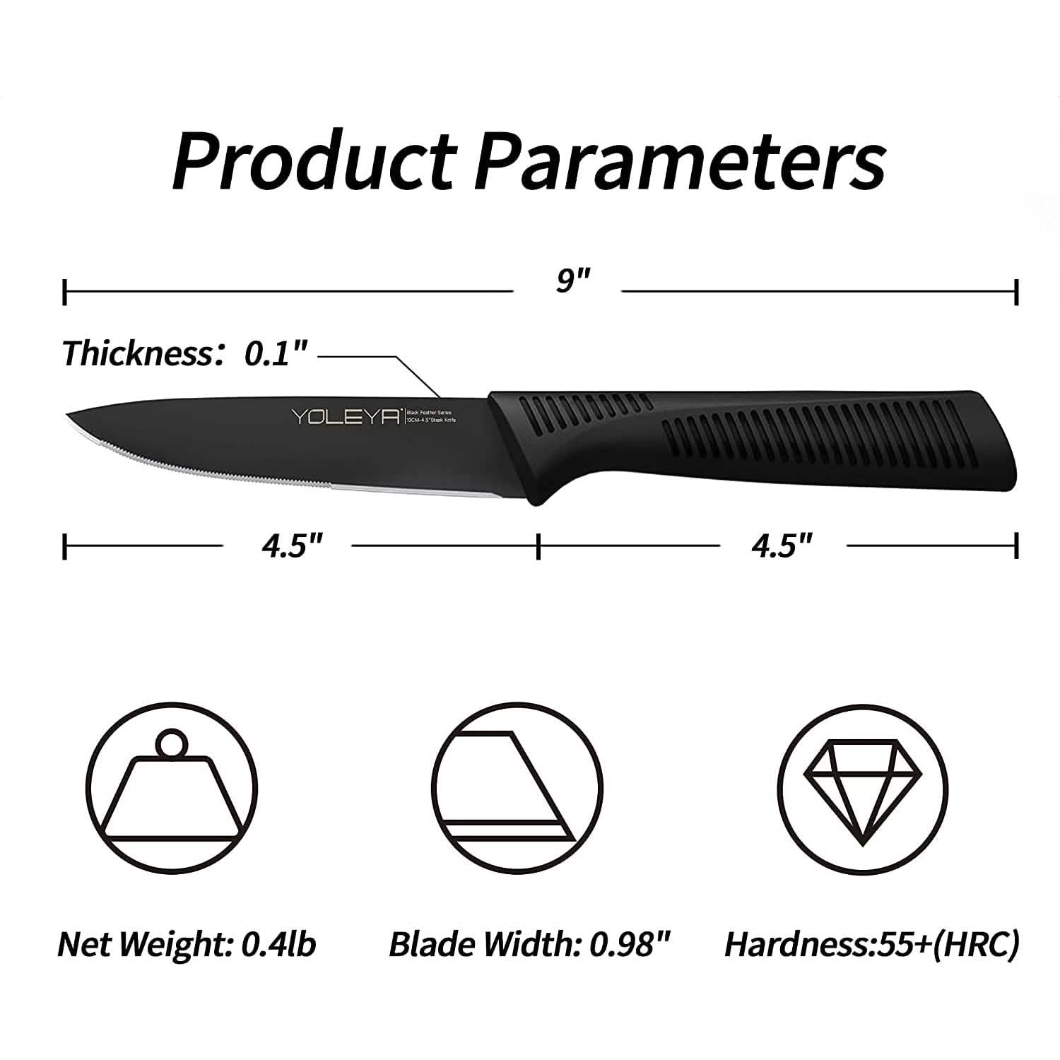 Ensemble de 6 pièces : Set de couteaux à steak dentelés noirs en acier inoxydable allemand à haute teneur en carbone YOLEYA