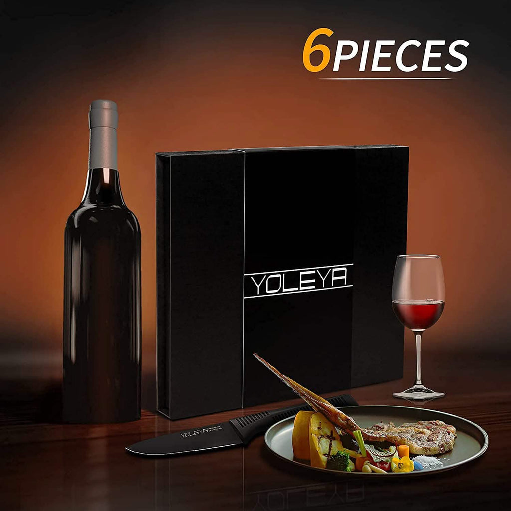 Ensemble de 6 pièces : Set de couteaux à steak dentelés noirs en acier inoxydable allemand à haute teneur en carbone YOLEYA