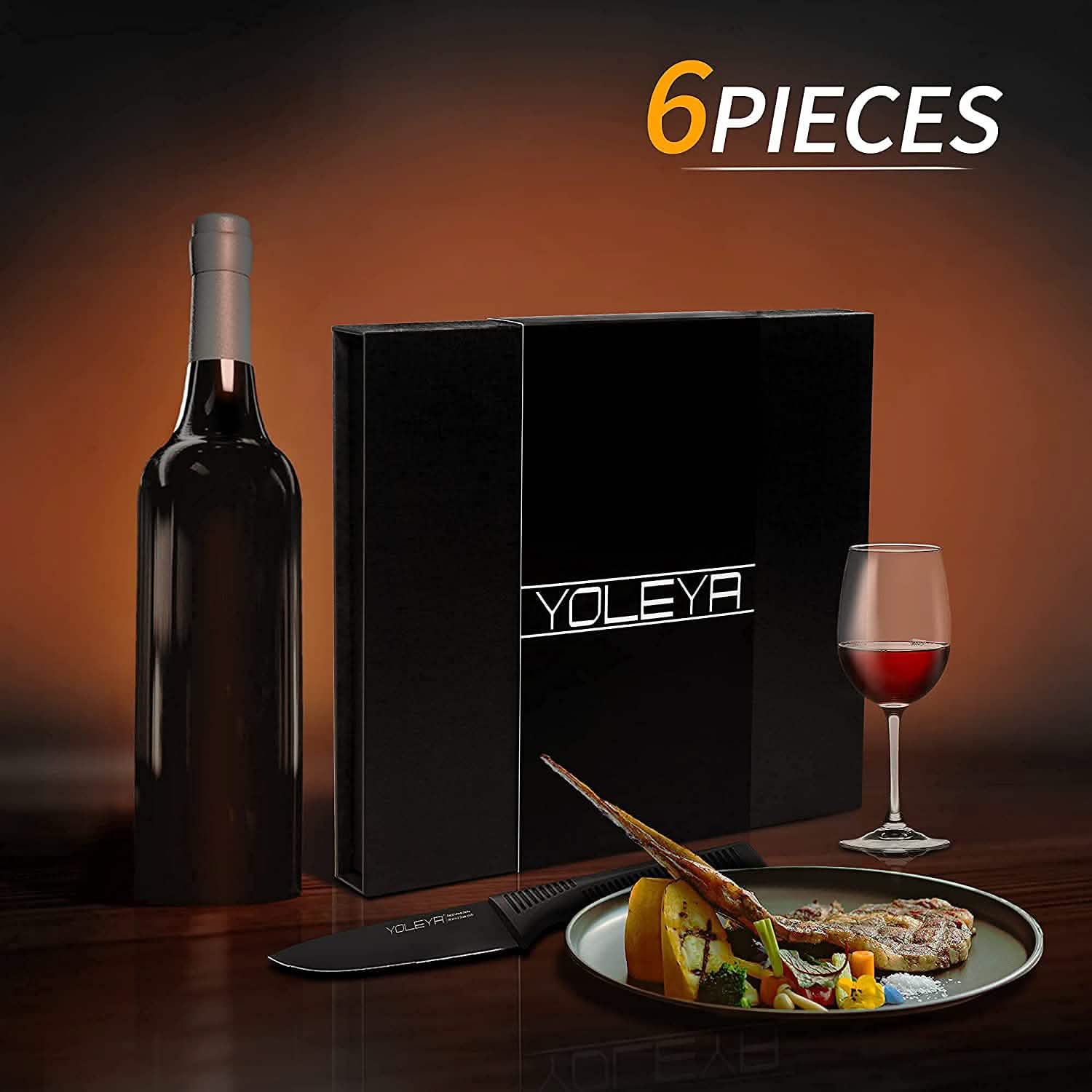 Ensemble de 6 pièces : Set de couteaux à steak dentelés noirs en acier inoxydable allemand à haute teneur en carbone YOLEYA