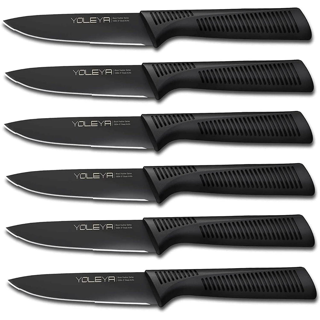 Ensemble de 6 pièces : Set de couteaux à steak dentelés noirs en acier inoxydable allemand à haute teneur en carbone YOLEYA
