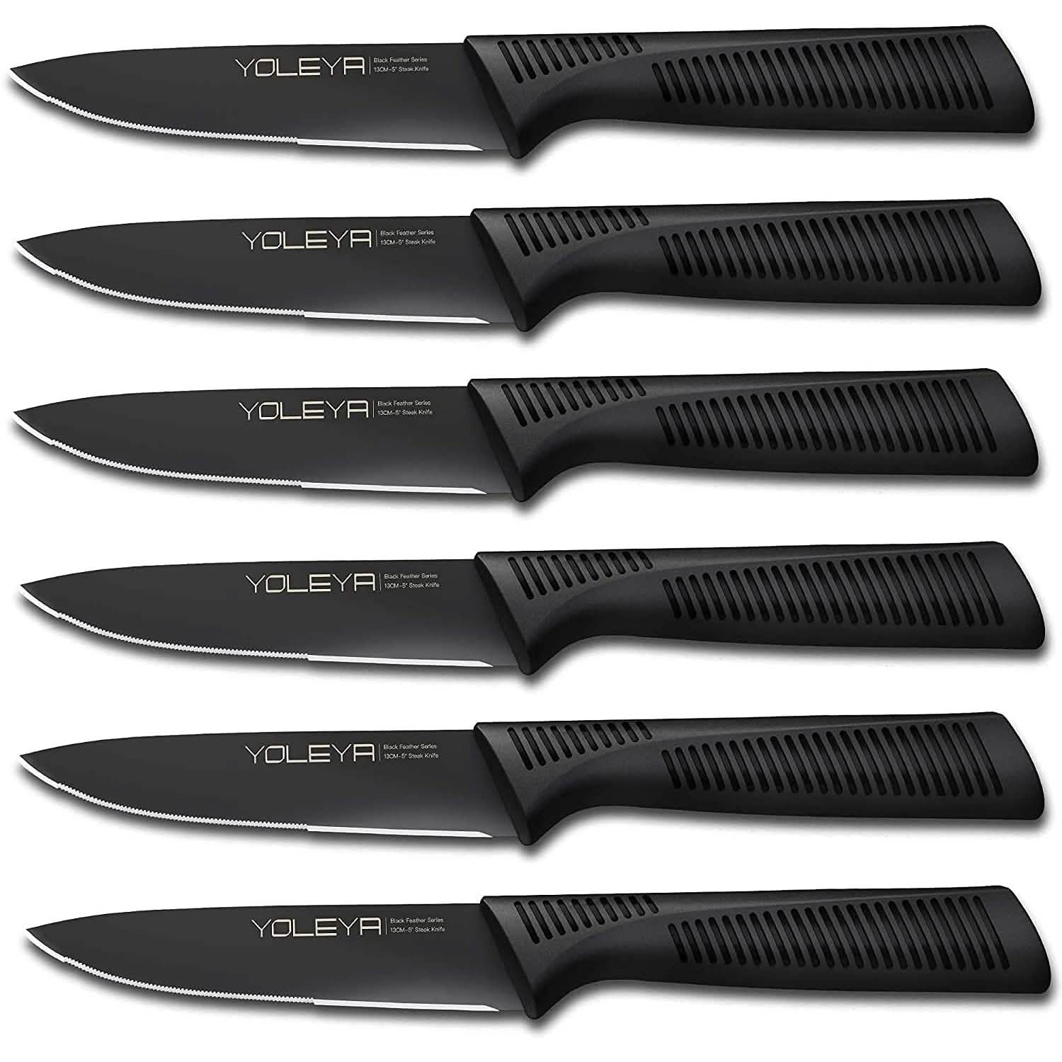 Ensemble de 6 pièces : Set de couteaux à steak dentelés noirs en acier inoxydable allemand à haute teneur en carbone YOLEYA