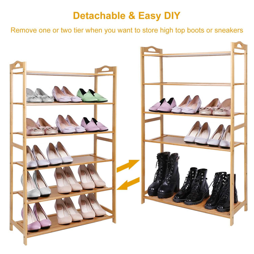 Organisateur de rangement pour chaussures à 6 niveaux en bambou