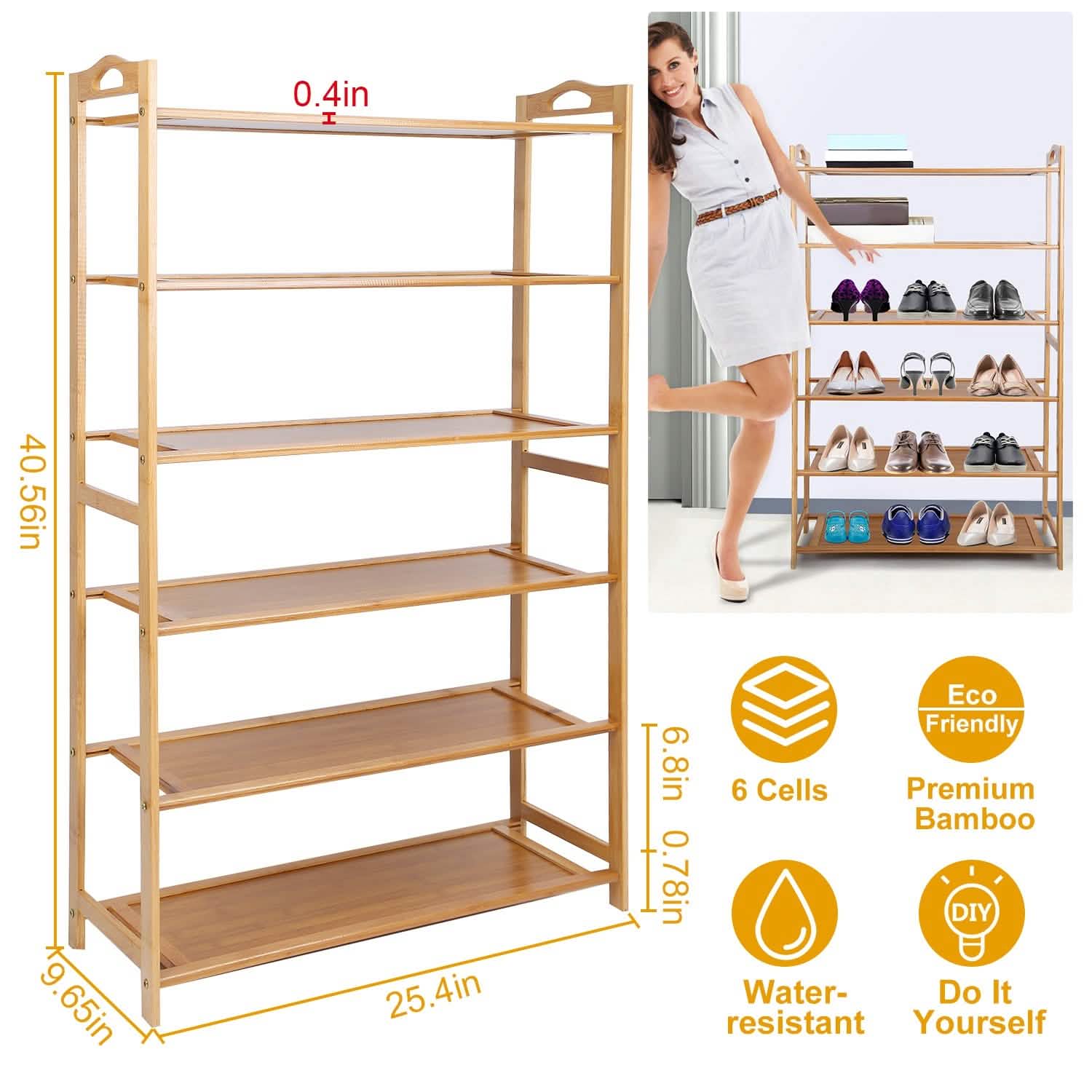 Organisateur de rangement pour chaussures à 6 niveaux en bambou