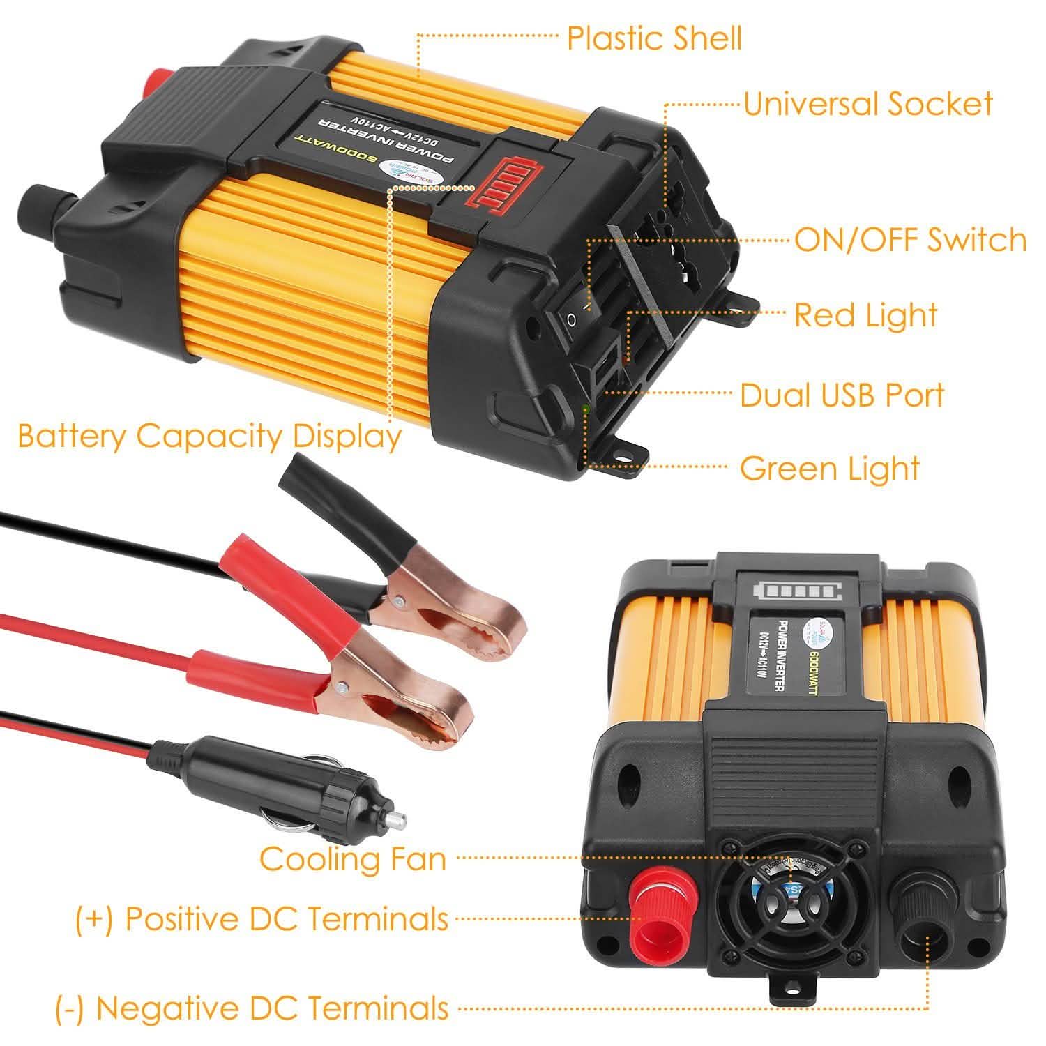 Onduleur à onde sinusoïdale pure 4000 W (puissance de crête), 12 V CC en 230 V CA avec écran d'affichage à LED, télécommande, prise française et port USB 2,1 A