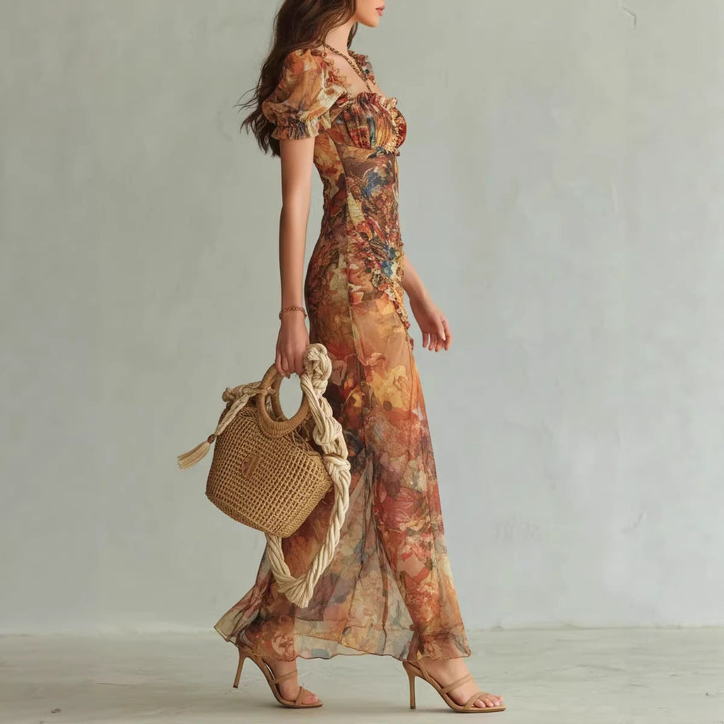 Robe longue orange avec décolleté en V, taille cintrée et ourlet à volants – Coupe moulante