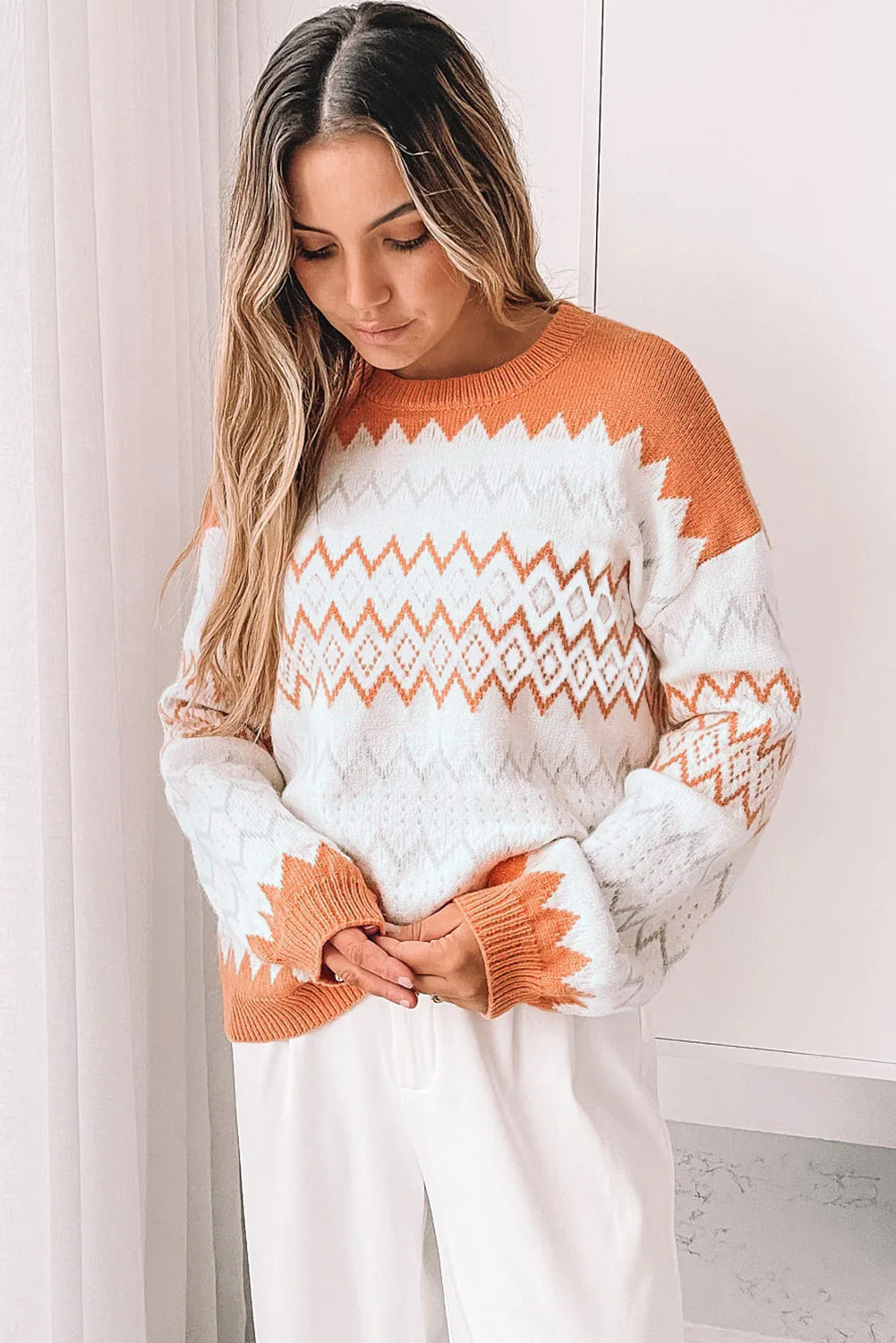 Pull en tricot à motif géométrique zigzag kaki - Femstylo