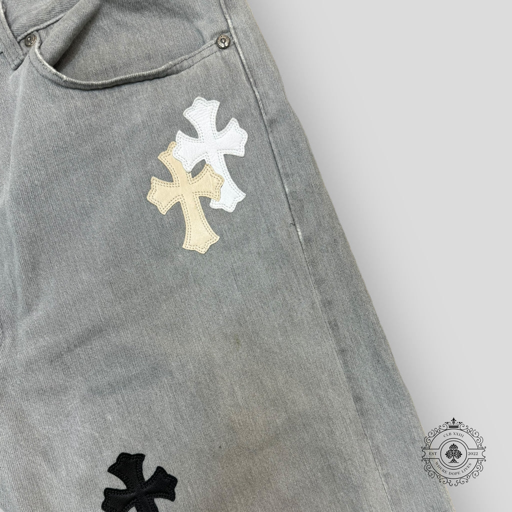 Jean Chrome Hearts à patchs croisés blancs/crèmes