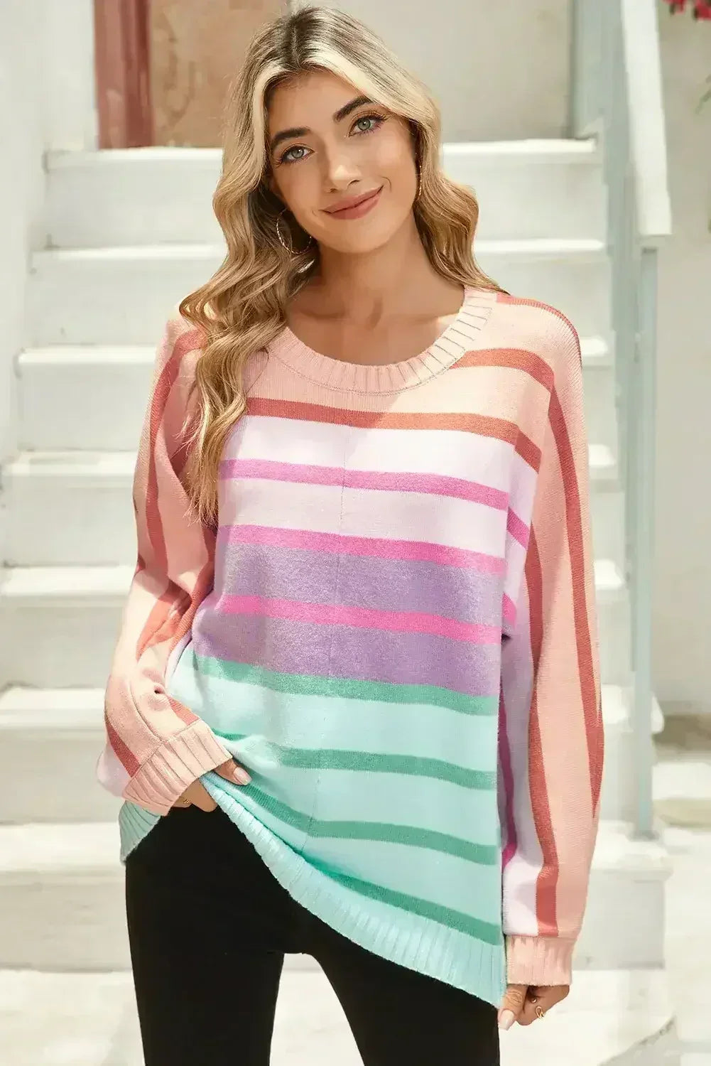 Pull ample à dégradé, bords côtelés rayés multicolores