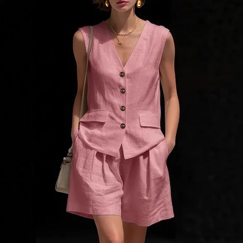 Ensemble débardeur et short en coton et lin sans manches pour femme