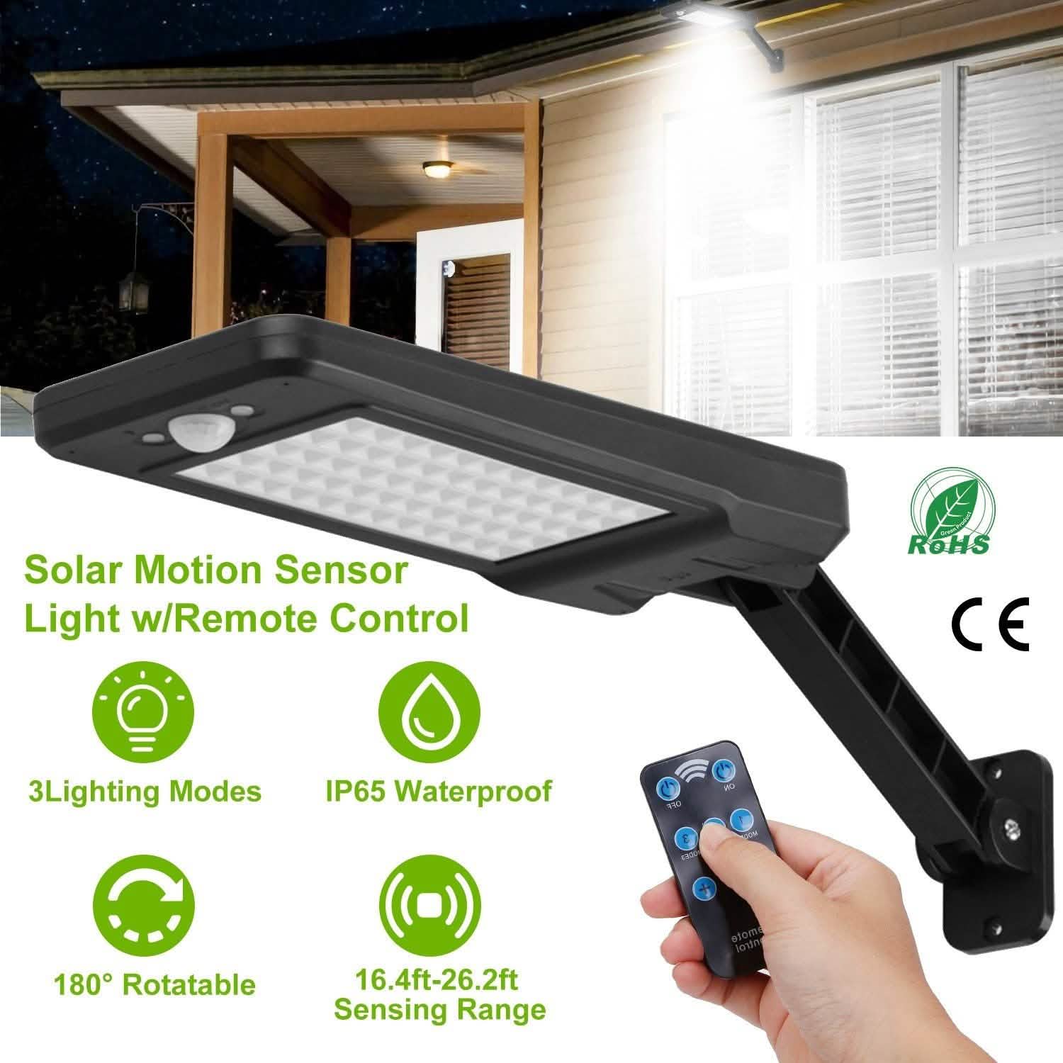 Lampe sans fil à capteur de mouvement PIR solaire 60 LED avec télécommande