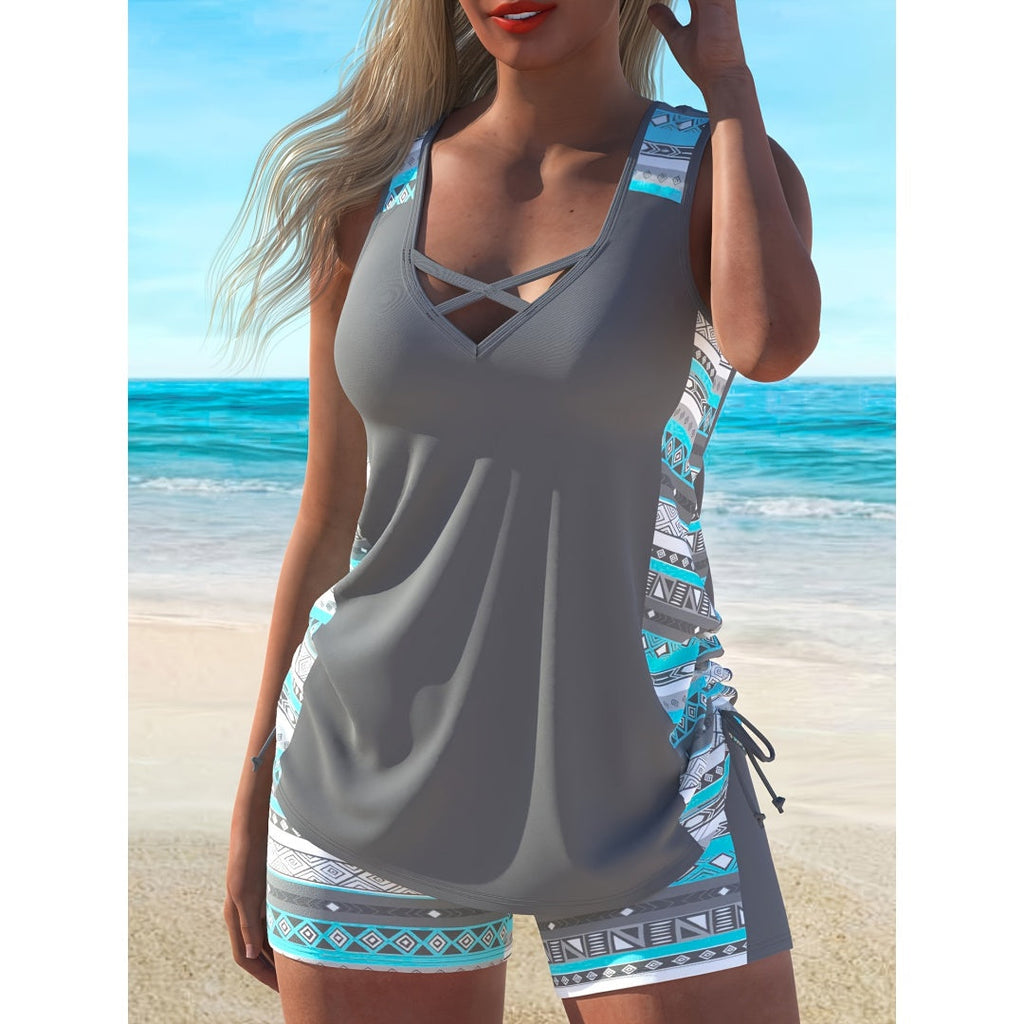 Ensemble tankini grandes tailles à imprimé aztèque – Maillot de bain deux pièces avec haut à col en V et bretelles croisées et short de cyclisme