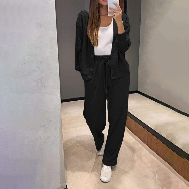 Cardigan en maille décontracté avec poche et pantalon de survêtement à cordon de serrage