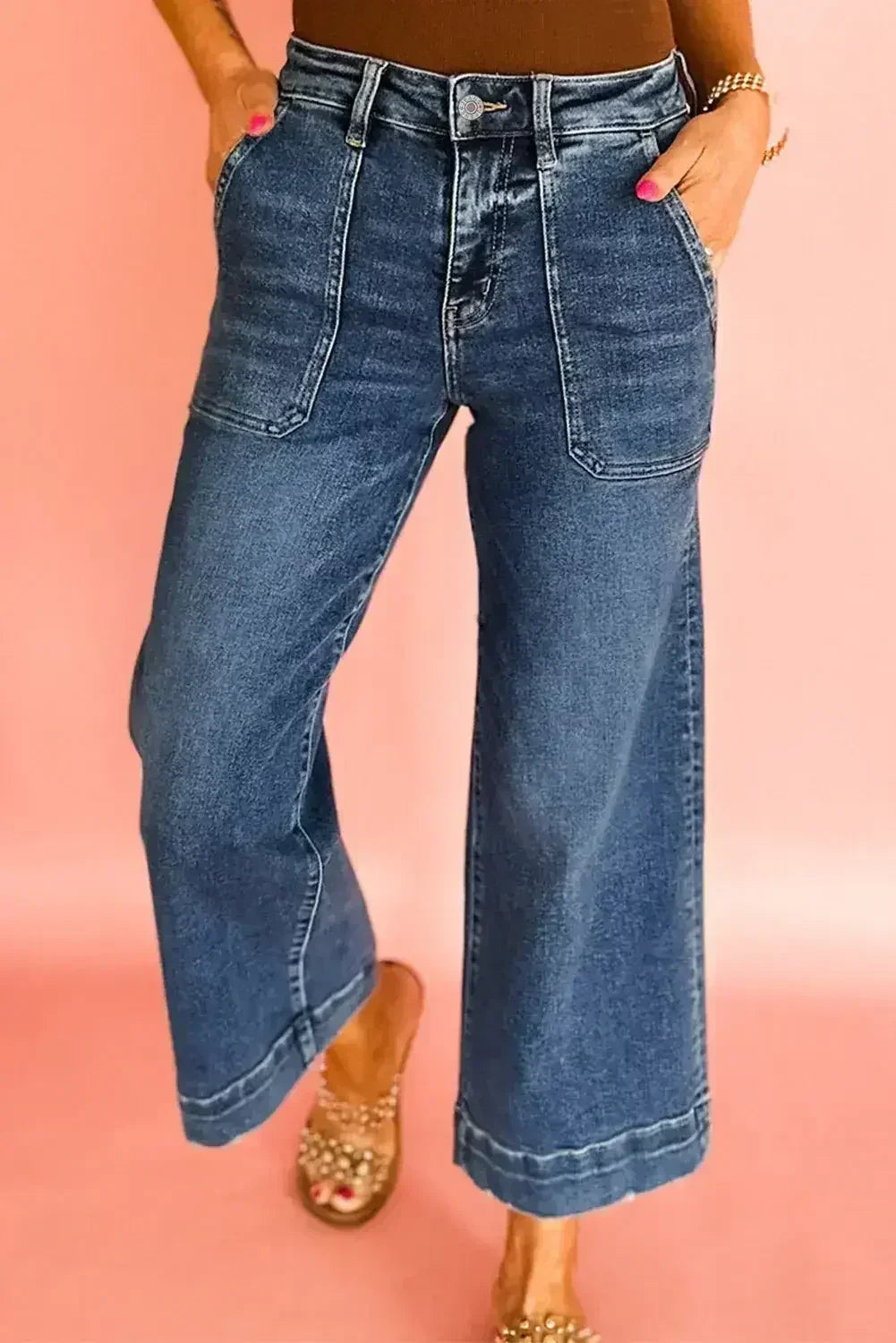 Jean court taille haute large Ashleigh Bleu