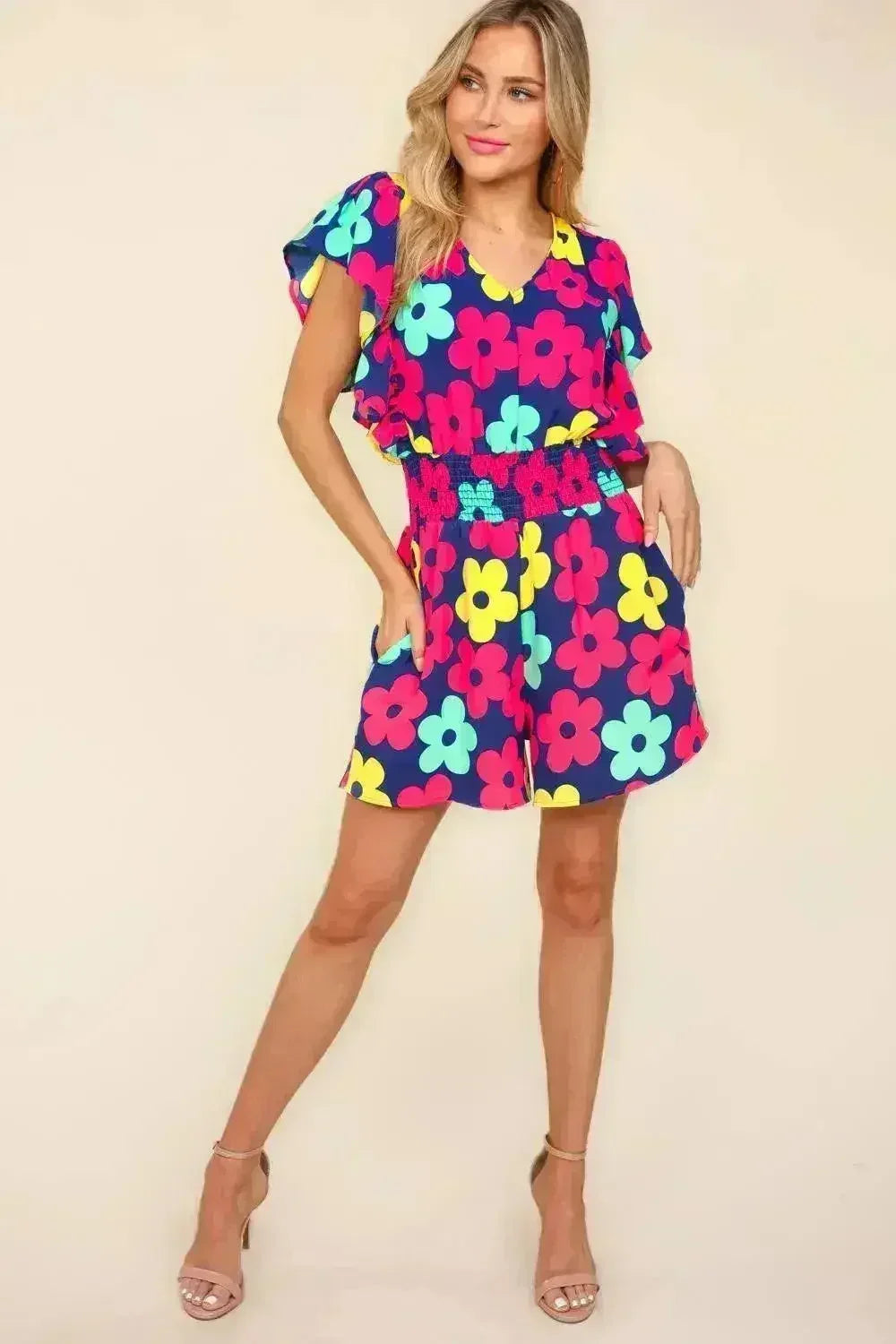 Barboteuse florale Haptics à taille smockée avec poches latérales