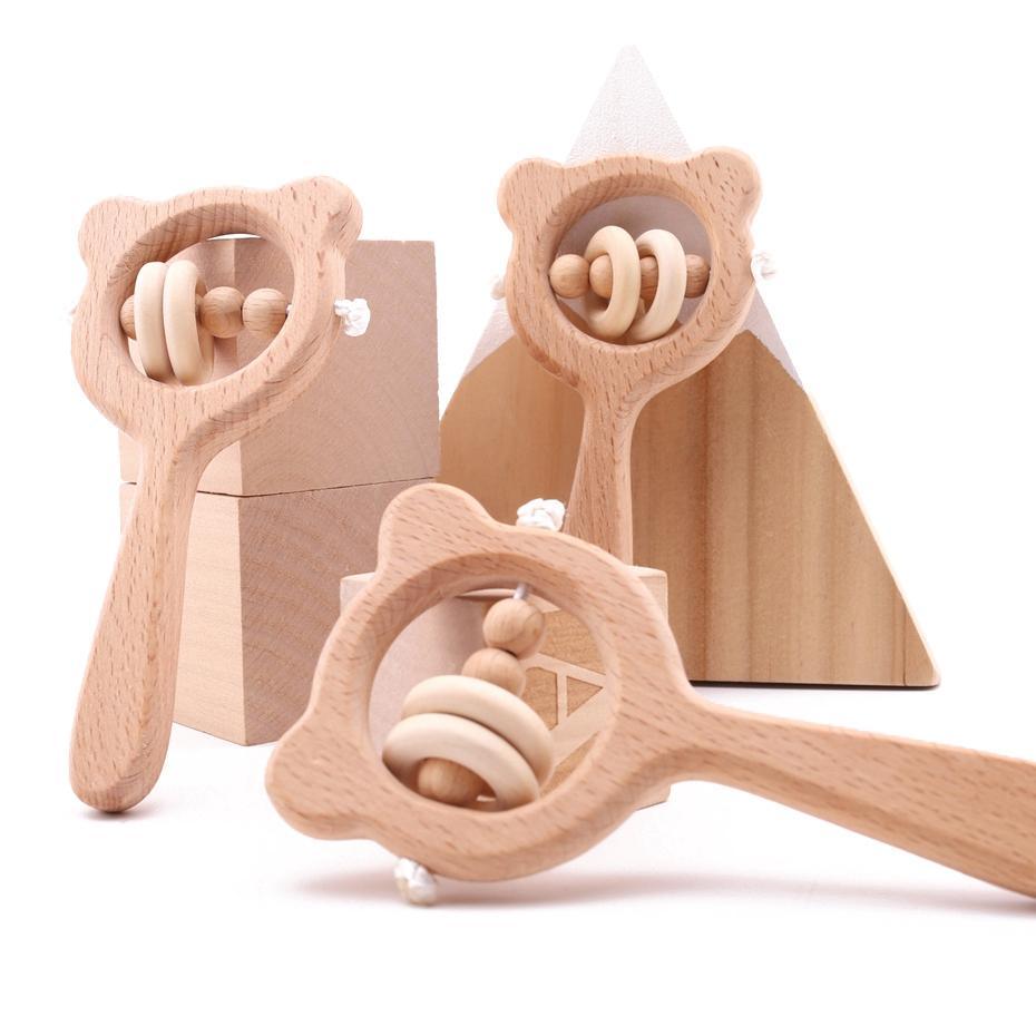 Hochet en bois moderne, Hêtre Ours, Anneau de dentition en bois, Jouets éducatifs pour bébés et enfants