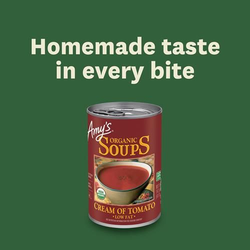 Soupe Crème de Tomate Amy's, Sans Gluten et Faible en Gras, Faite avec des Tomates Mûries au Soleil, Soupe en Conserve, 411 g