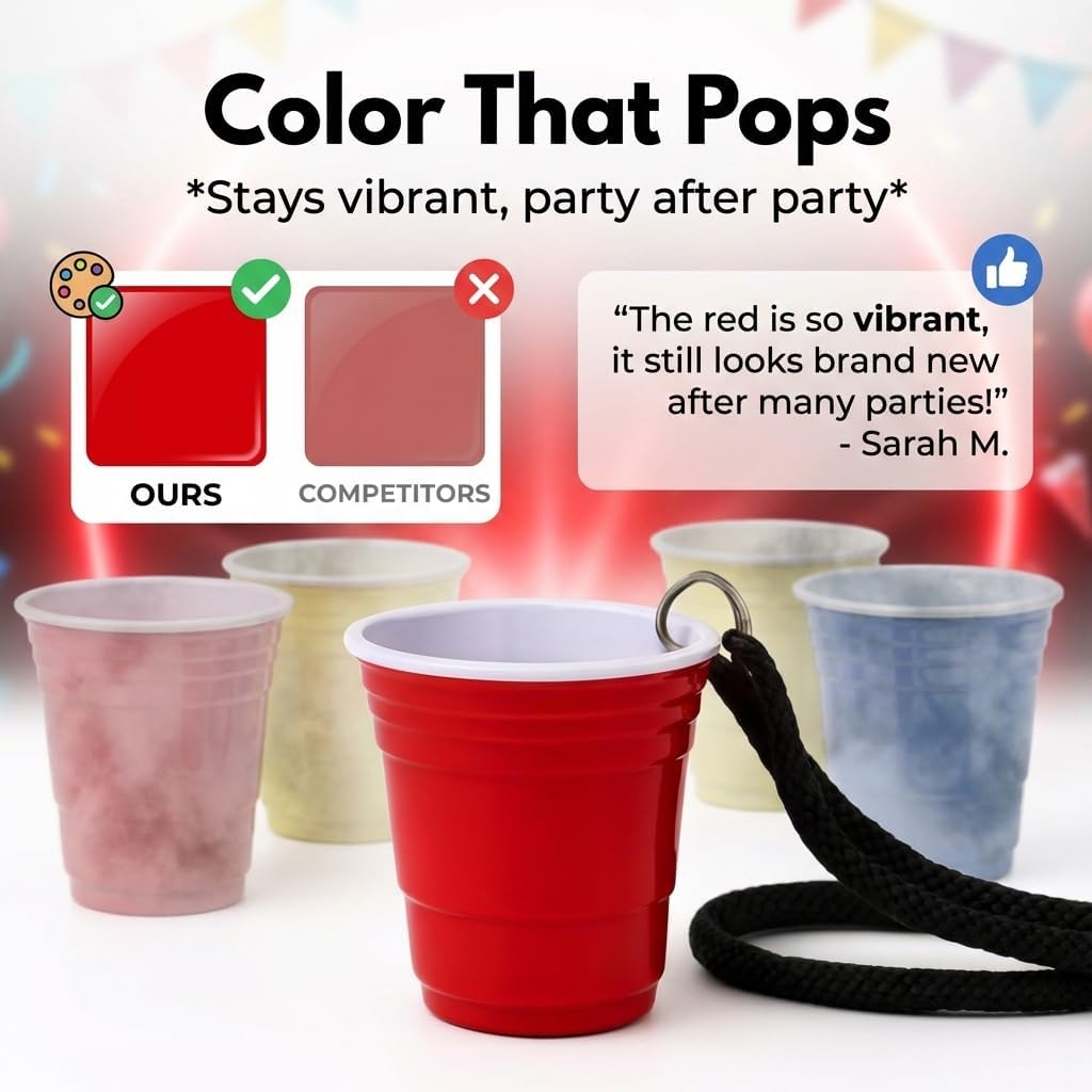 Gobelet à shot réutilisable en plastique rouge avec cordon | Incassable, sans BPA | Idéal pour les fêtes, barbecues et sorties