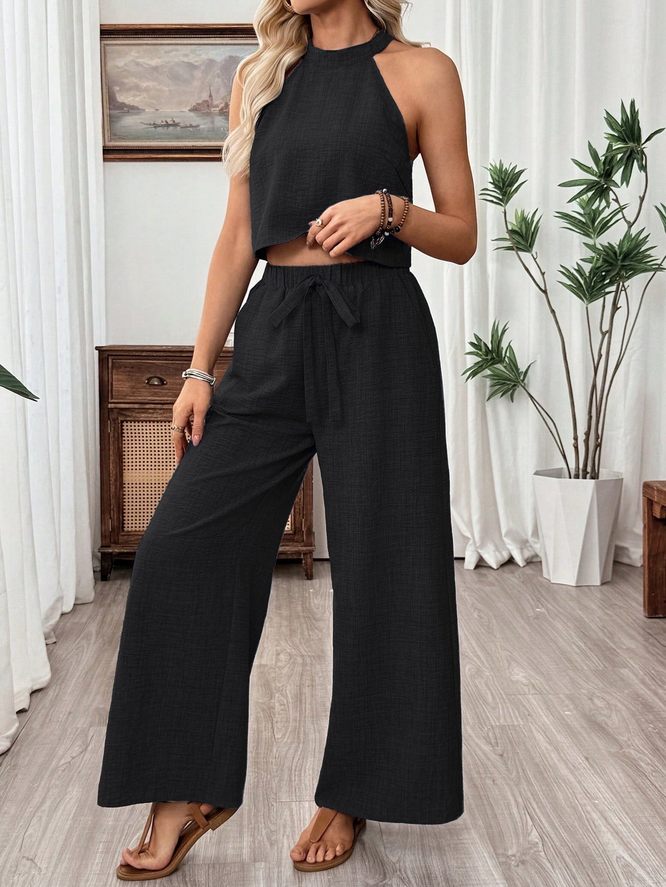 Ensemble deux pièces caraco court à col américain et pantalon large pour femme