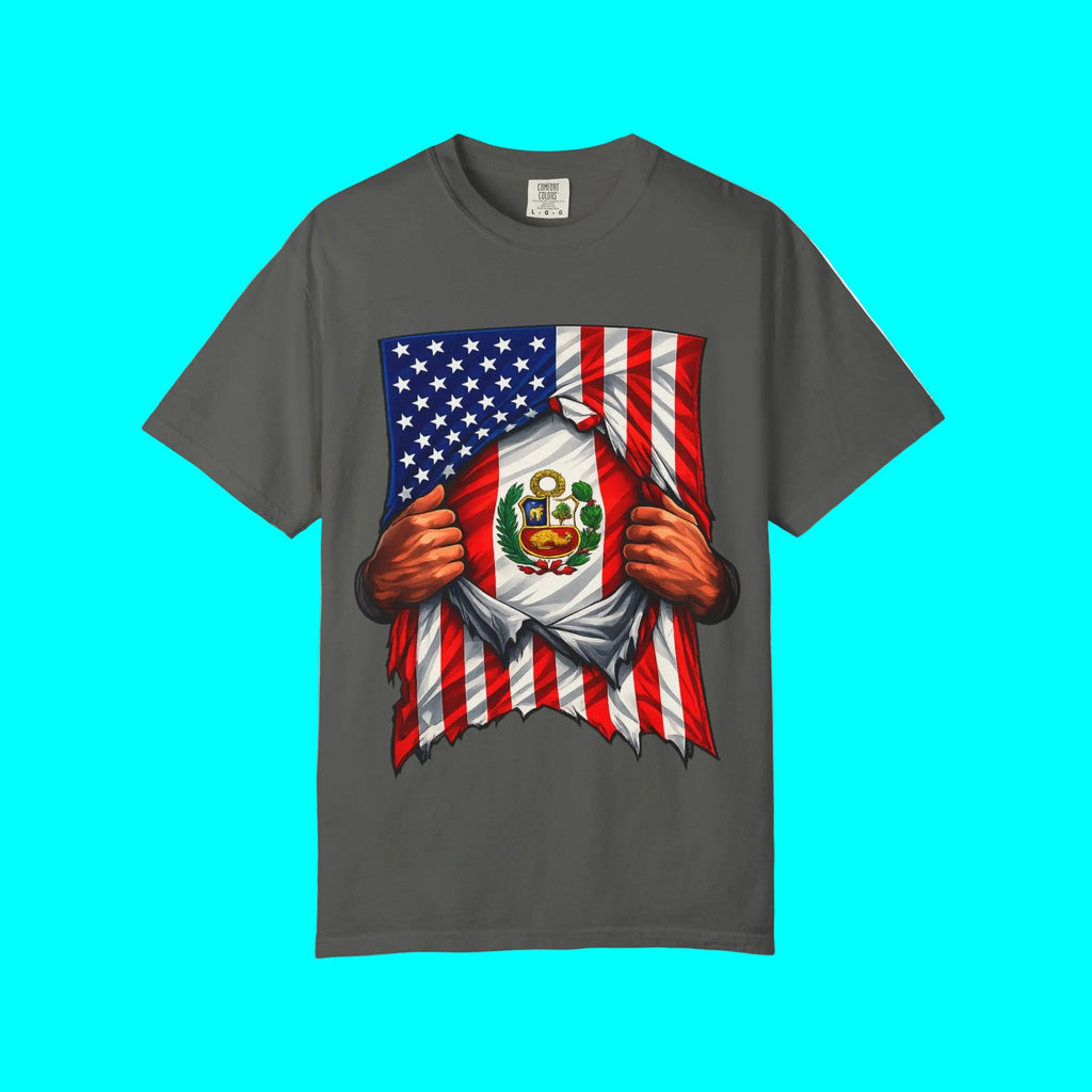 Drapeau Pérou + Drapeau USA T-shirt Fierté | Drapeau Péruvien + Américain Déchiré 4 Juillet | T-shirts Latino Drôles Viraux | Unisexe - 4 Couleurs
