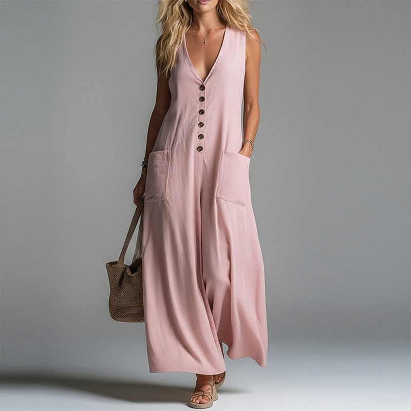 Robe crayon sans manches boutonnée à col en V pour femme