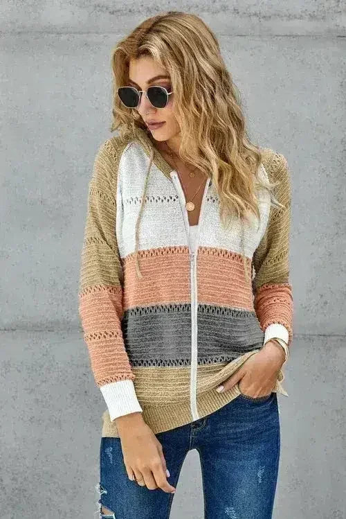 Sweat à capuche en maille ajourée color block zippé multicolore pour femme