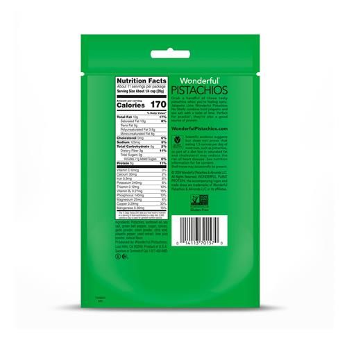 Pistaches Wonderful sans coquille, saveur Jalapeño Citron vert, sachet refermable de 312 g, noix épicées, collations protéinées, produits de base sans gluten, collations saines