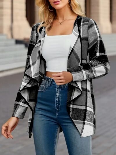 Veste élégante à carreaux ouverte sur le devant à manches longues, stylée et confortable, légère et respirante