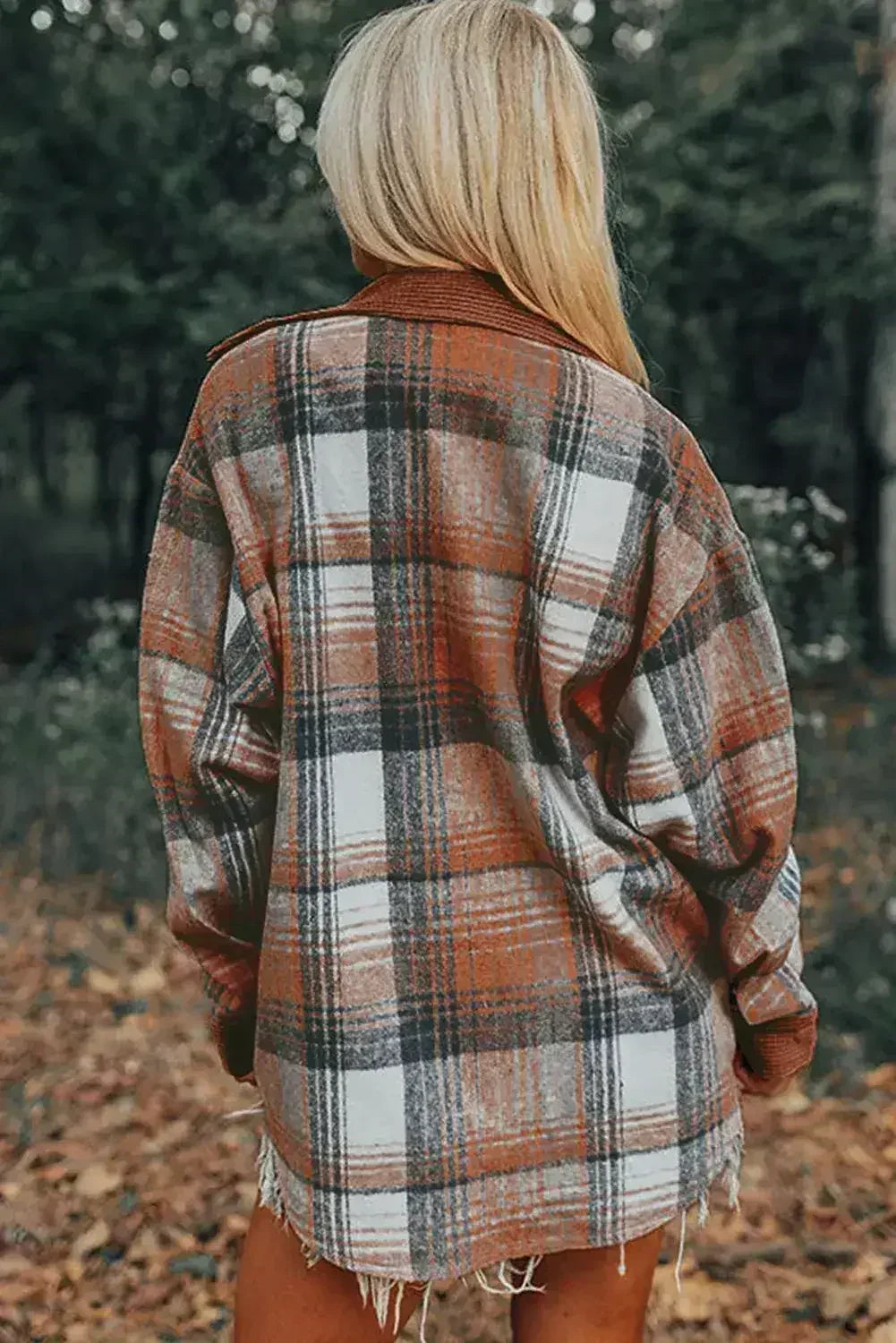 Shacket en velours côtelé patchwork à carreaux cannelle avec poche poitrine