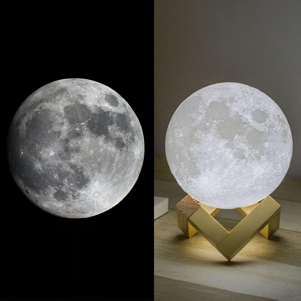 Lampe Lune Veilleuse pour Enfants Cadeau pour Femmes Chargement USB et Contrôle Tactile Luminosité Lampe Lunaire Imprimée en 3D Blanc Chaud et Froid