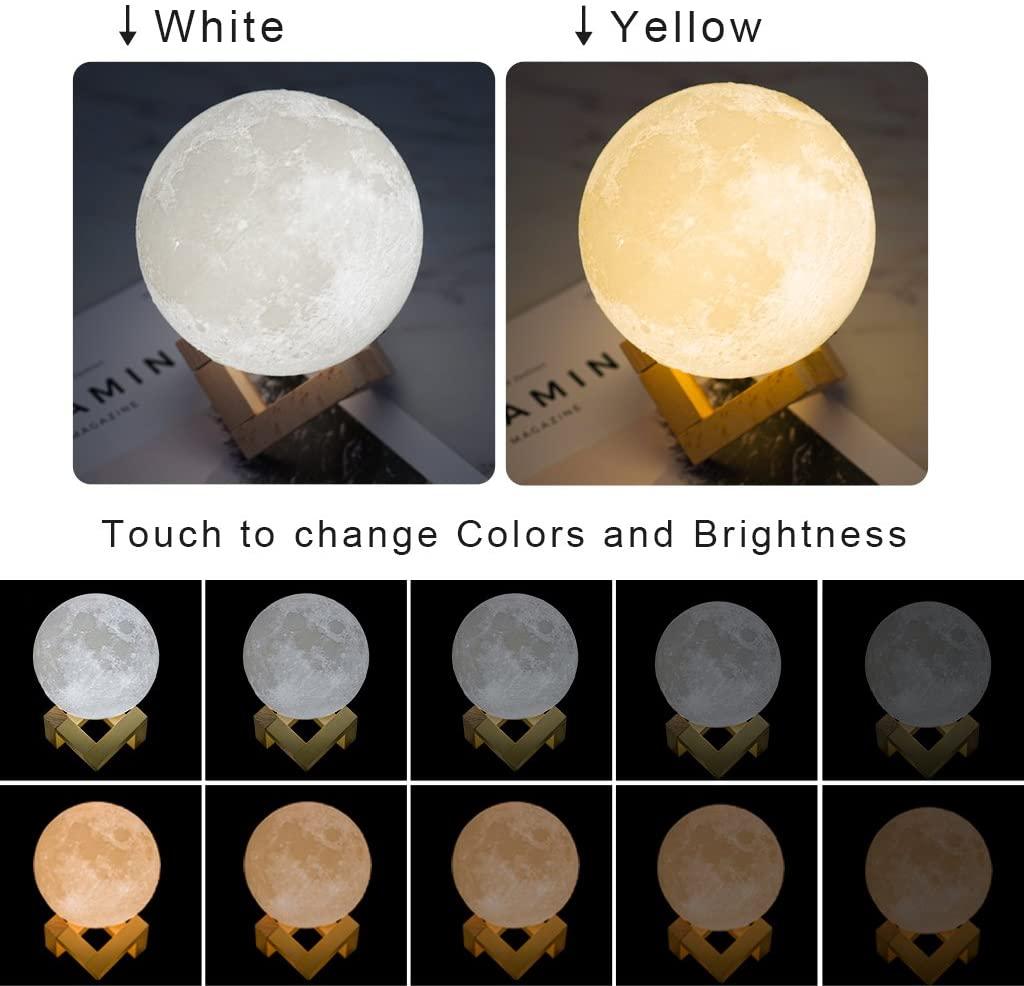 Lampe Lune Veilleuse pour Enfants Cadeau pour Femmes Chargement USB et Contrôle Tactile Luminosité Lampe Lunaire Imprimée en 3D Blanc Chaud et Froid