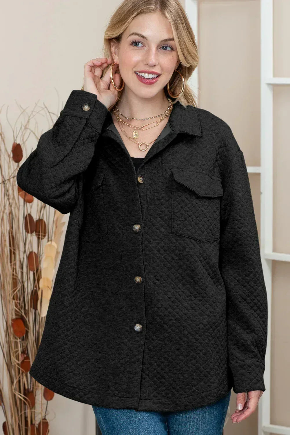 Veste chemise matelassée rétro texturée à losanges noirs – Femstylo