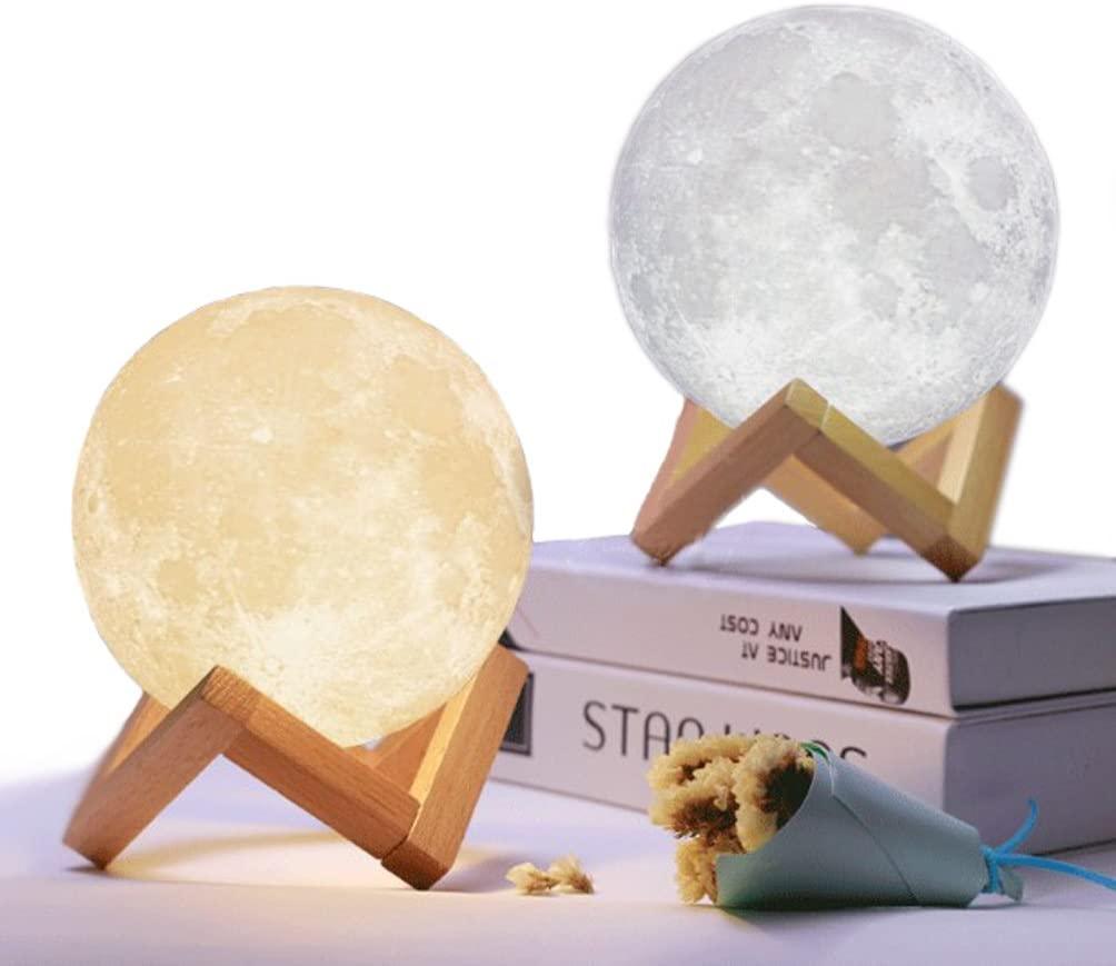 Lampe Lune Veilleuse pour Enfants Cadeau pour Femmes Chargement USB et Contrôle Tactile Luminosité Lampe Lunaire Imprimée en 3D Blanc Chaud et Froid