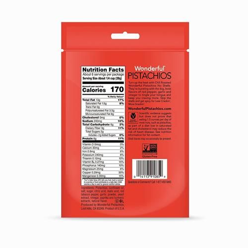 Pistaches Wonderful sans coquille, grillées au piment, sachet refermable de 156 g, protéines en collation, sans gluten, saines en voyage