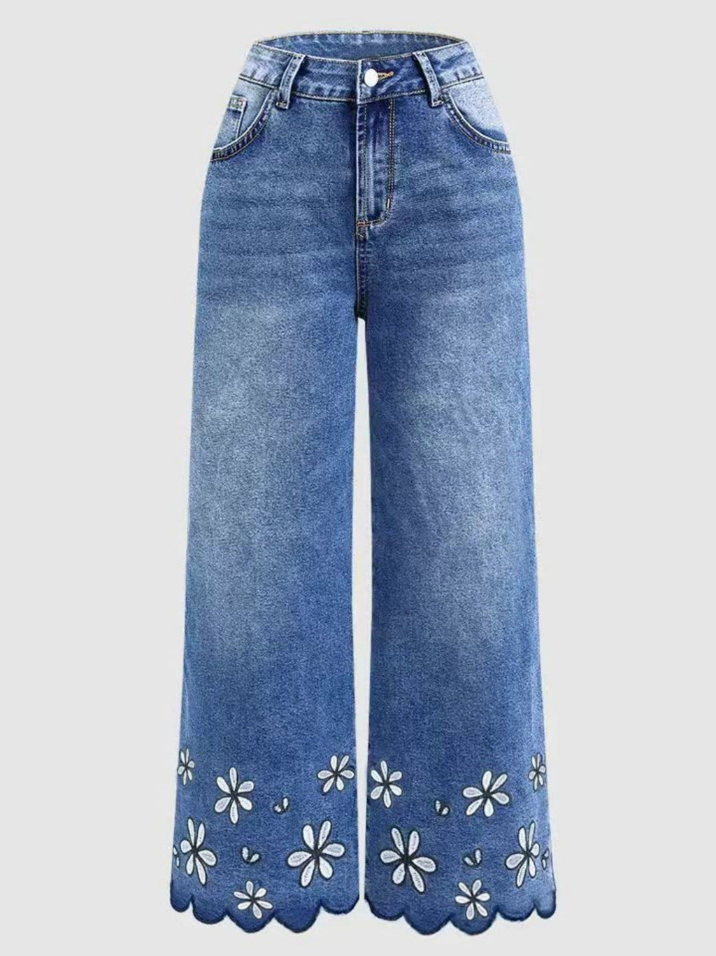 Jean en denim brodé de chrysanthèmes – Coupe droite ample pour femme