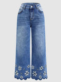 Jean en denim brodé de chrysanthèmes – Coupe droite ample pour femme